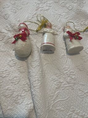 Holiday Lenox Ceramic Angel Santa and Snowman Ornaments - White with Red Accents